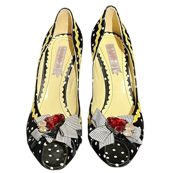 NEW BB Black White Polka Dot Embellished Peep Toe Kitten Heel Pumps ITALIAN MADE - Picture 5 of 14